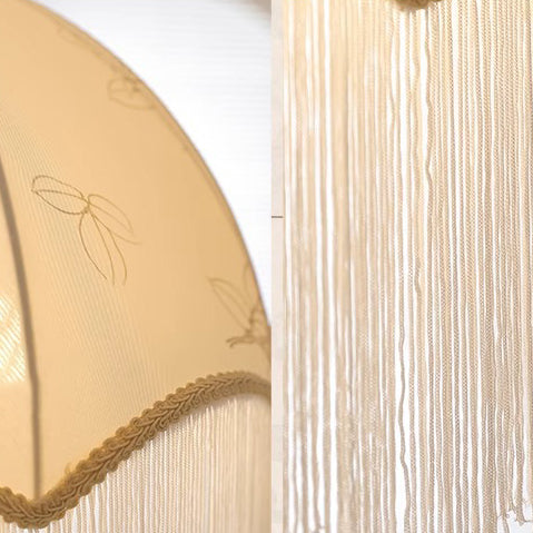 Traditionelle französische runde Quaste Eisen Holz Stoff 3-Licht Pendelleuchte für Wohnzimmer 