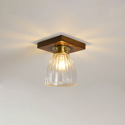 Modern Transitional Glass Cup Shape Solid Wood 1-Light Semi-Flush Mount Ceiling Light For Living Room