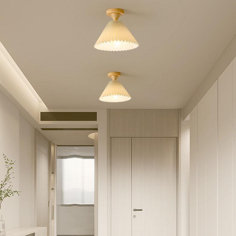 Traditionelle japanische Deckenleuchte aus plissiertem, konischem Stoff mit 1 Licht, halbbündige Montage für Wohnzimmer 