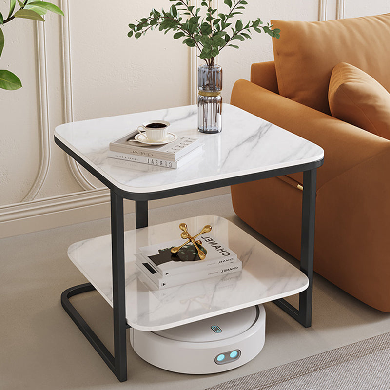 Modern Minimalist Square Sintered Stone Carbon Steel Side Table 2-Tier For Living Room