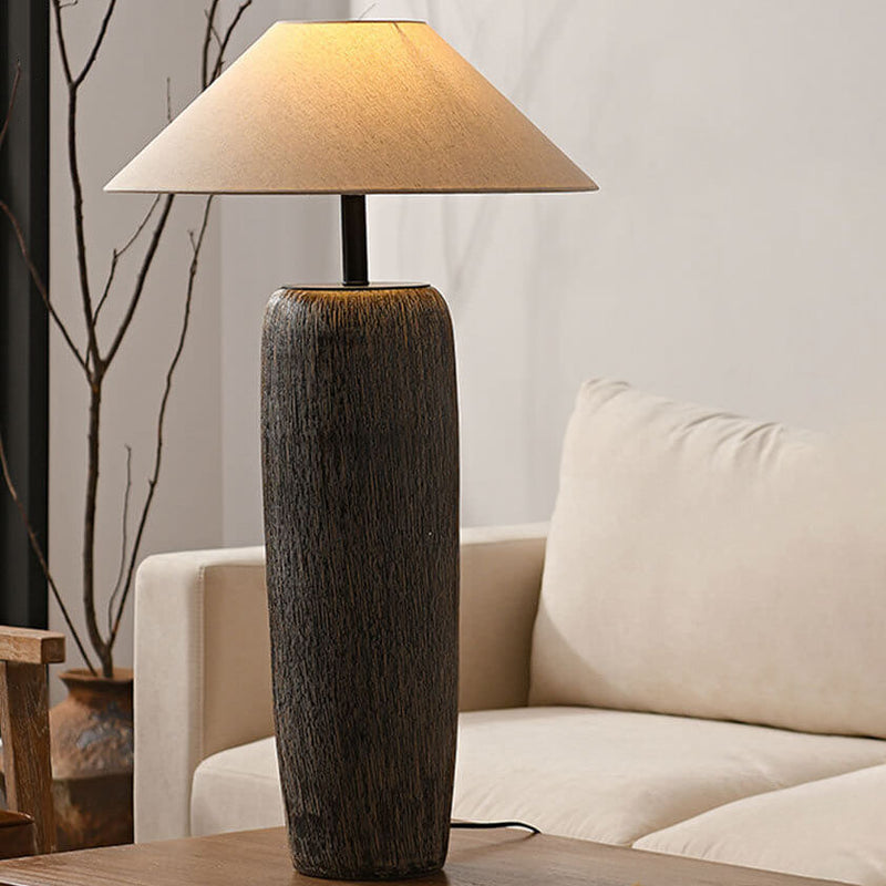 Japanese Wabi-sabi Fabric Shade Ceramic Column Base 1-Light Standing Floor Lamp