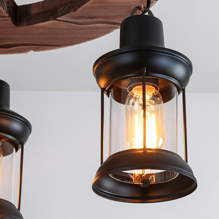 Traditional Japanese Wood Double Moon Design Iron Glass Bottle Shade 4-Light Island Light Chandelier For Dining Room