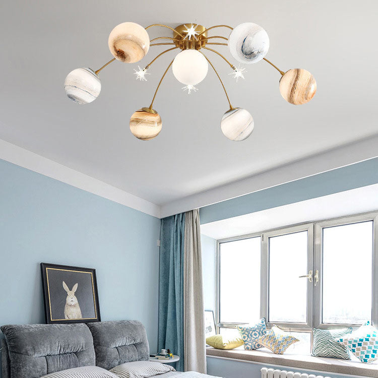 Zeitgenössische Creative Planet Kids Eisen Glas 13-Licht Semi-Flush Mount Deckenleuchte für Schlafzimmer 