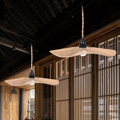 Chapeau traditionnel rustique en paille tissée, corde en papier de fer, suspension à 1 lumière pour salon 