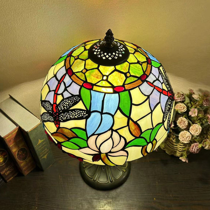 Lampe de table à 1 lumière en verre teinté alliage de fleurs en dôme rond traditionnel Tiffany pour salon 