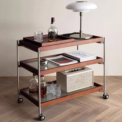 Table d'appoint carrée minimaliste moderne en acier inoxydable, verre et bois avec roulettes triple pour salon 