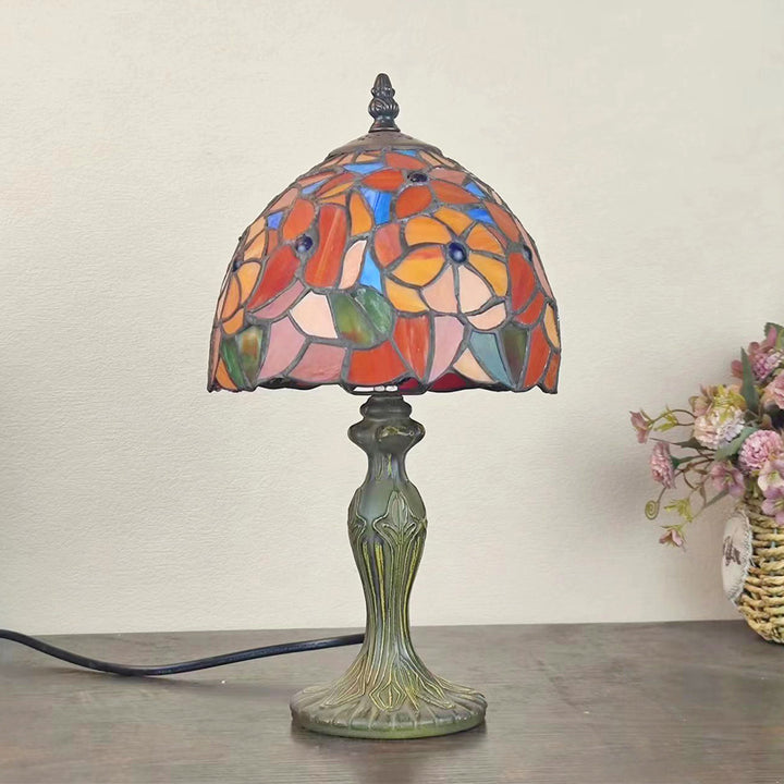 Lampe de table à 1 lumière en verre teinté en zinc à motif de fleurs traditionnelles Tiffany Dome pour chambre 