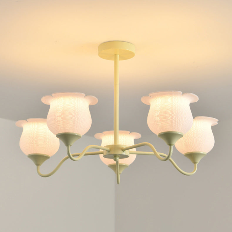 Moderner Art-Deco-Kronleuchter mit Eisenrahmen und PLA-Glocken-Orchideen-Blumenschirm, 3/5/6 Lichter, für Wohnzimmer 