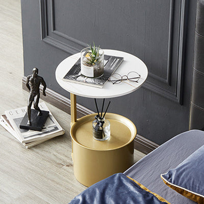 Table d'appoint moderne minimaliste ronde en fer avec plateau en pierre - 1 rangement pour salon 