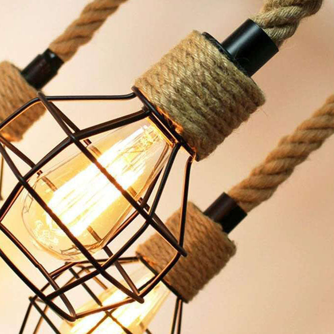Traditioneller rustikaler Kronleuchter aus Hanfseil und Eisenkäfig mit 6/8 Lichtern für Esszimmer 