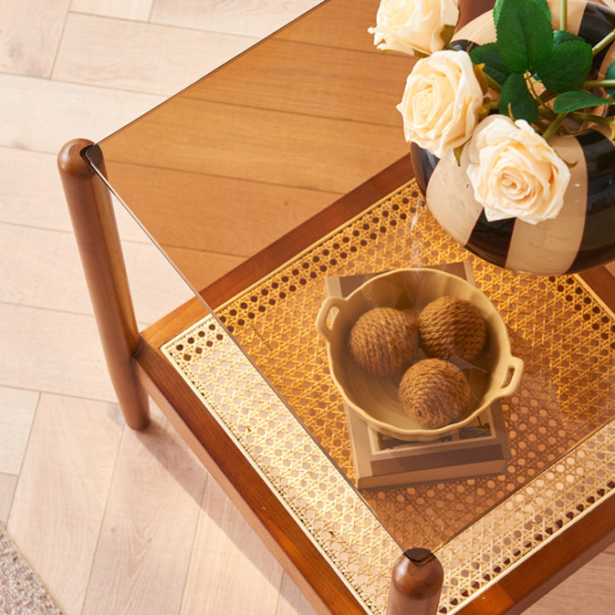 Table de bout en verre à deux niveaux en bois de frêne carré tissé traditionnel japonais pour salon 