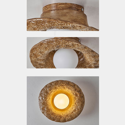 Traditional Vintage Straw Hat Resin Hardware 1-Light Flush Mount Ceiling Light For Bedroom