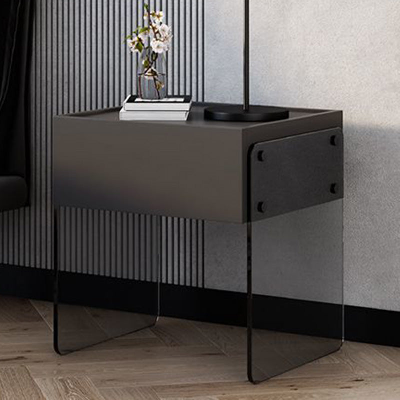 Mesita de noche rectangular moderna y minimalista de madera contrachapada y vidrio con 1 cajón para dormitorio 