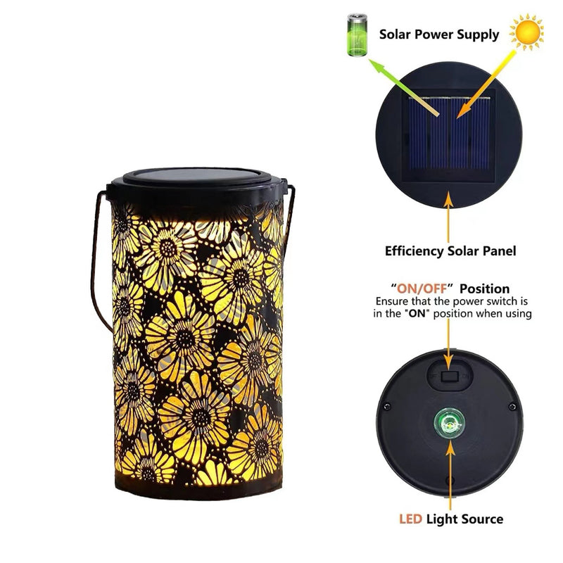 Iluminación de paisaje colgante LED de cilindro de hierro impermeable solar de granja tradicional con flores huecas para jardín 