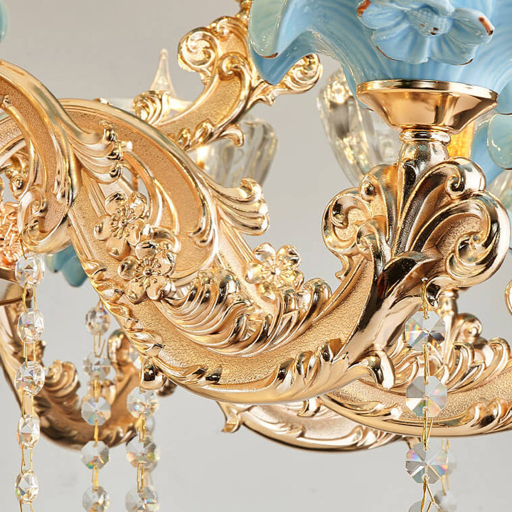 Traditional European Flower Candelabra Zinc Alloy Crystal Glass Ceramic 6/8/10/12-Light Chandelier For Living Room