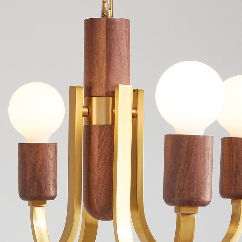 Zeitgenössischer Vintage-Kronleuchter mit gebogener Stange, Zylinder, Kerzenständer-Form, Kupfer, Holz, 3/4/5 Lichter, für Wohnzimmer 