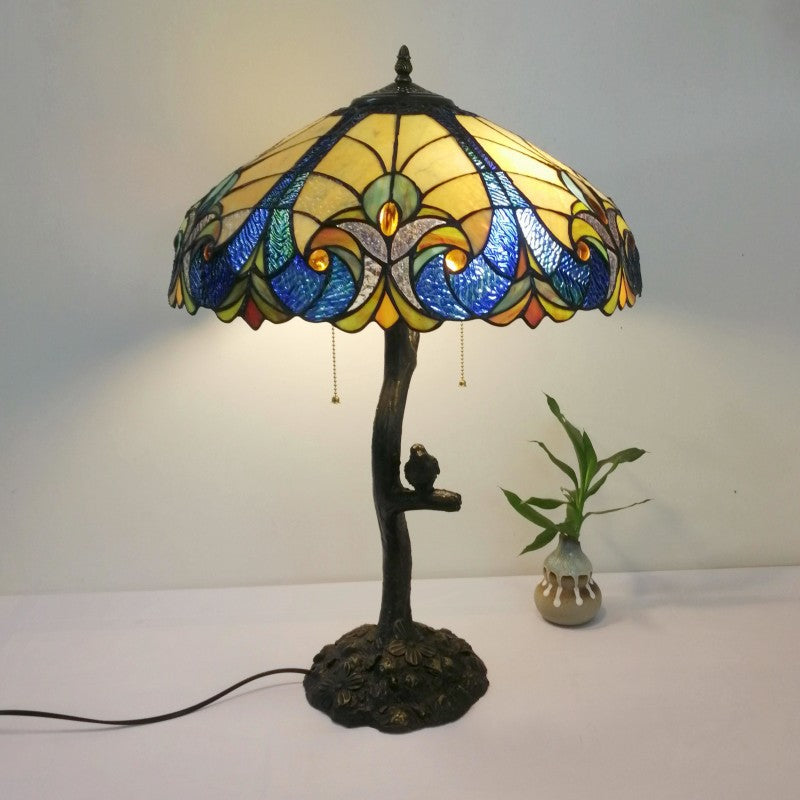 Traditional Tiffany Flower Stained Glass Resin Base 2-Light Table Lamp For Living Room