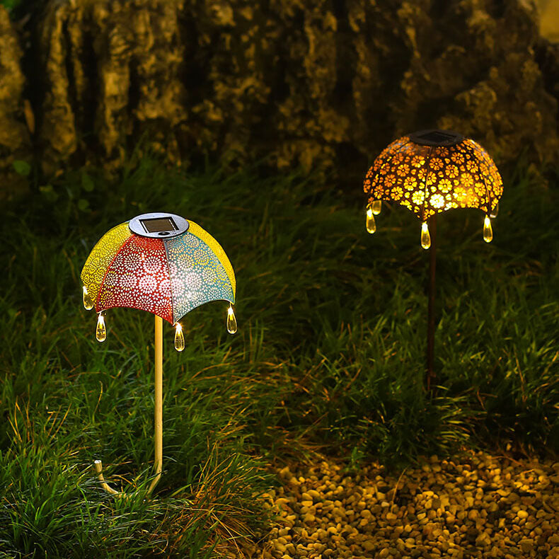 Outdoor Solar Eisen Bunte Regenschirm Hohle LED Rasen Einsteck Landschaftslicht 