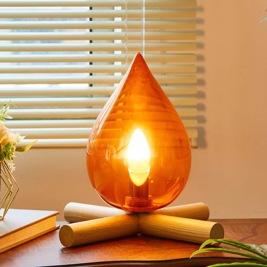 Lámpara de Mesa de 1 Luz de Madera Maciza con Vidrio y Llama Creativa Contemporánea para Dormitorio 