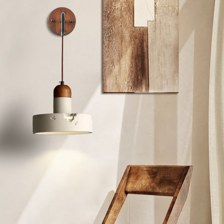 Applique murale 1 lumière en bois massif japonais Wabi-Sabi et ciment rond 