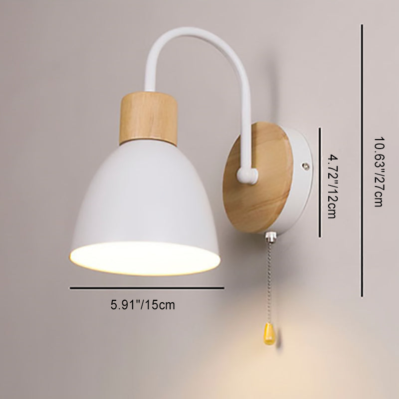 Moderne minimalistische Macaron gebogene Stange Runde Tasse Eisen Holz 1-Licht Wandleuchte Lampe für Schlafzimmer