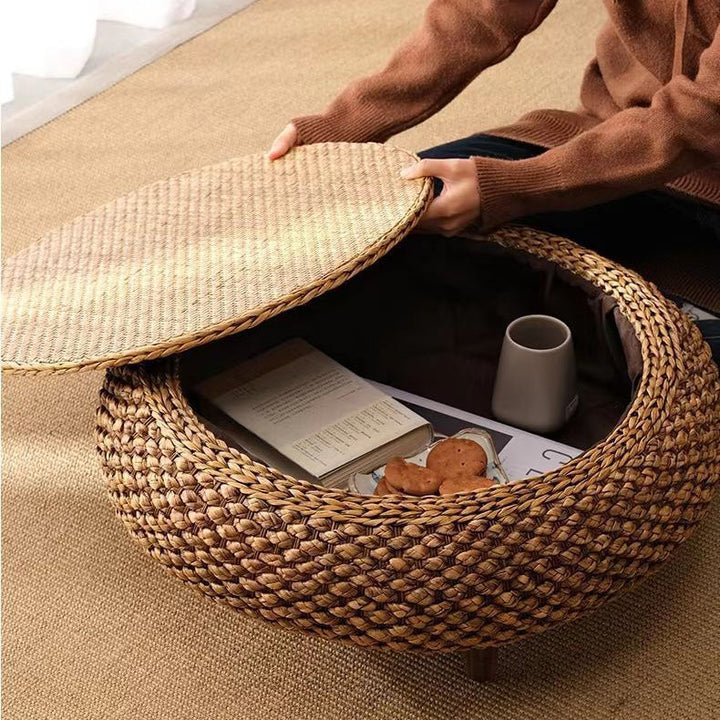 Traditional Japanese Oval Narcissus Rattan Poplar Wood Coffee Table Storage For Living Room