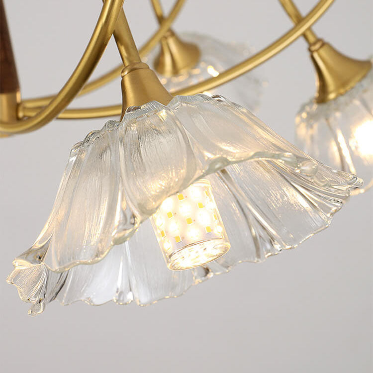Lámpara de araña tradicional vintage de vidrio floral, madera y cobre con ramas de cristal de 3/6/8 luces para sala de estar 