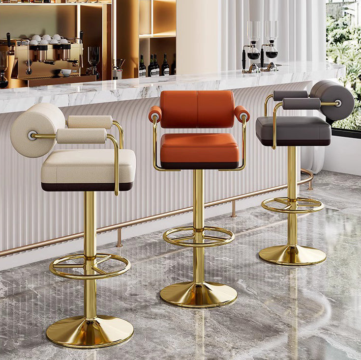 Contemporary Luxury Leather Upholstered Height Adjustable Swivel Bar Stool Armrest Footrest For Dining Room