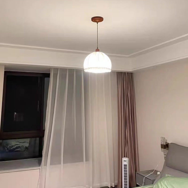 Zeitgenössische Retro Halbkugelförmige Spitze Massivholz Stoff 1-Licht Pendelleuchte Für Schlafzimmer 
