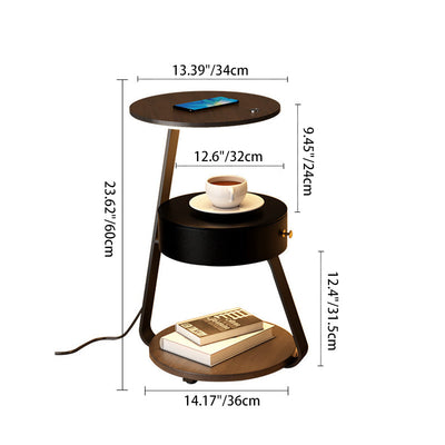Table de chevet contemporaine nordique ronde en noyer et marbre avec fer, charge sans fil pour téléphone mobile, 2 niveaux pour le chevet 