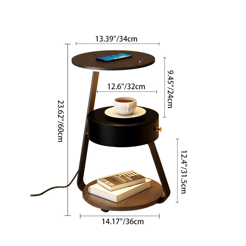 Table de chevet contemporaine nordique ronde en noyer et marbre avec fer, charge sans fil pour téléphone mobile, 2 niveaux pour le chevet 