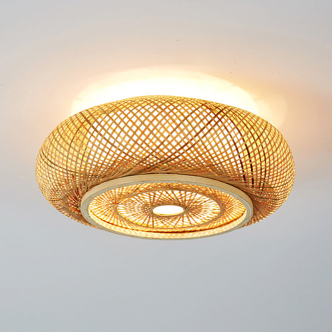 Plafonnier en bambou PVC à une lumière avec monture affleurante, style vintage traditionnel et squelette rond pour salon 