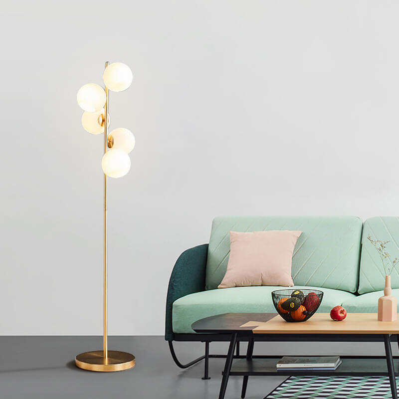 Modern Minimalist Glass Round Ball Gold Long Pole 5-Light Standing Floor Lamp for Living Room