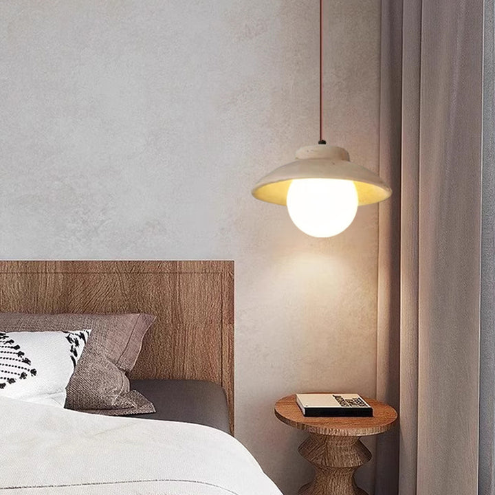 Suspension Luminaire 1 Lumière en Bois et Pierre Naturelle de Forme Bol Vintage Traditionnelle pour Chambre 