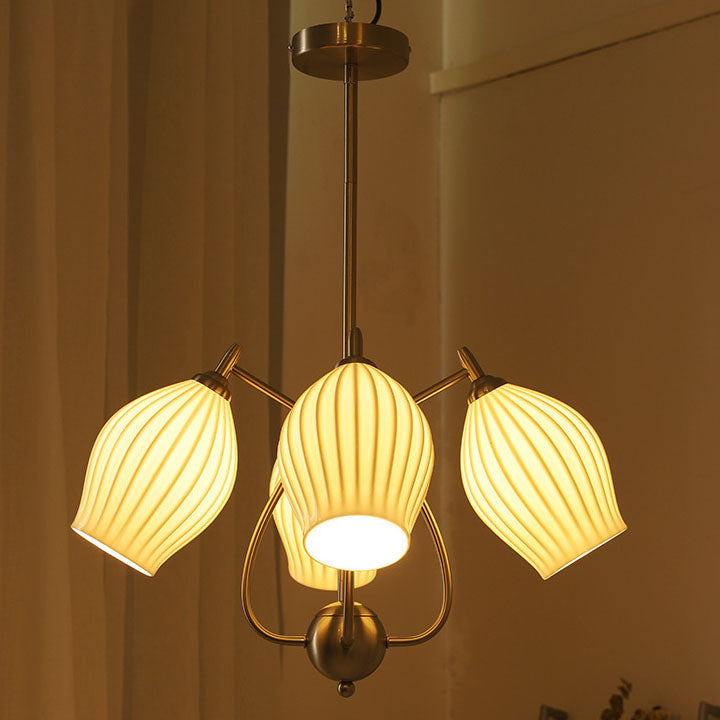 Traditioneller französischer Kronleuchter aus Eisen, Kupfer und Keramik mit Blumenglocke, gestreift, 4/6/8 Lichter für Wohnzimmer 