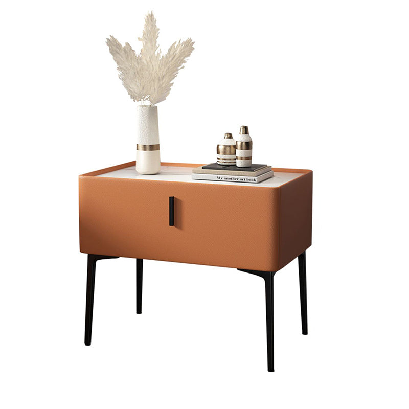 Zeitgenössischer skandinavischer rechteckiger Holz-Leder-Kohlenstoff-Legierungsnachttisch mit 1 Schublade und kabelloser Handy-Ladestation für das Bett 