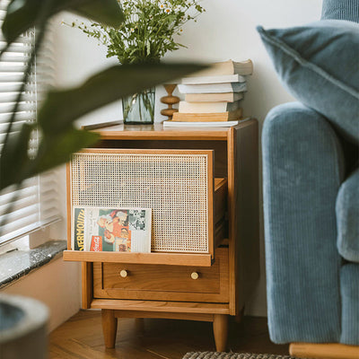 Table de chevet contemporaine rétro carrée en bois massif à 2 tiroirs pour chambre 