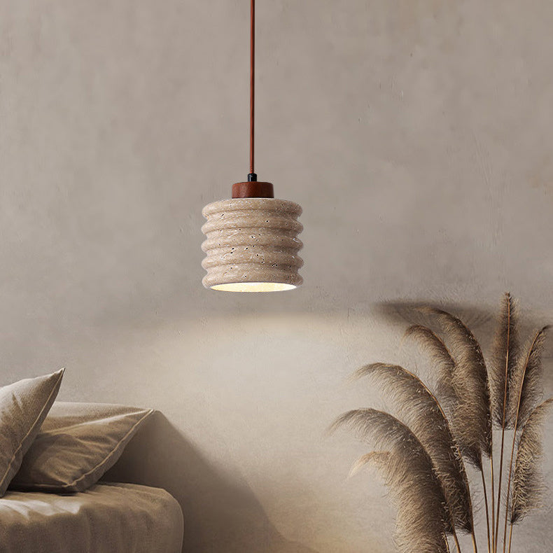 Lustre Suspendu 1 Lumière en Bois Massif Travertin Cylindre Vintage Traditionnel pour Chambre 