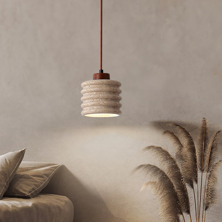 Lustre Suspendu 1 Lumière en Bois Massif Travertin Cylindre Vintage Traditionnel pour Chambre 