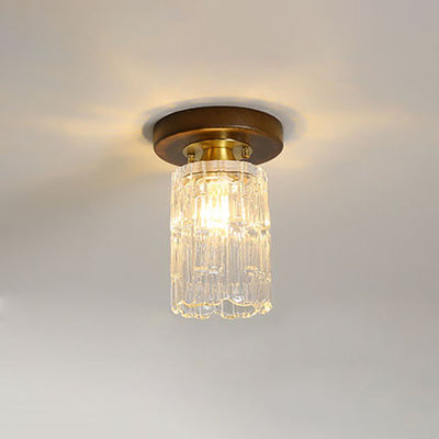 Modern Transitional Glass Cup Shape Solid Wood 1-Light Semi-Flush Mount Ceiling Light For Living Room