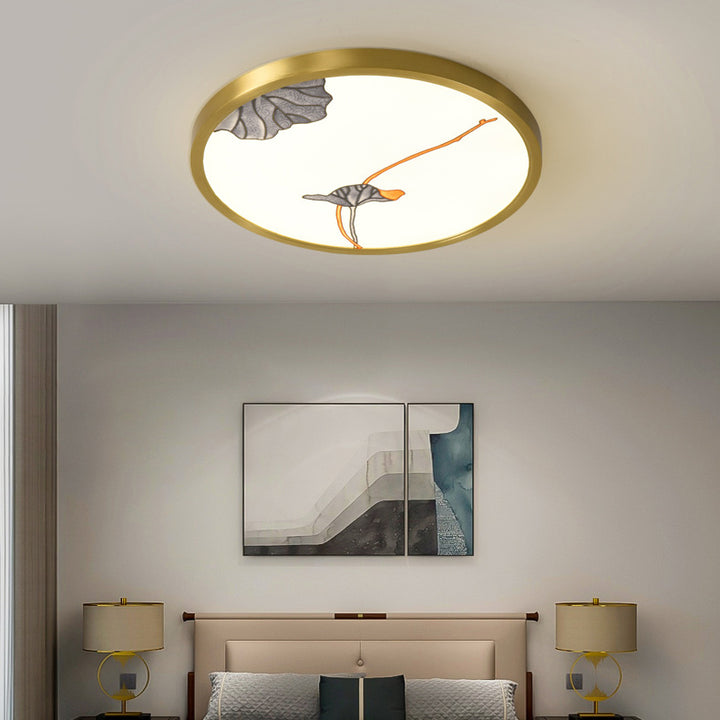 Traditional Chinese Copper Acrylic Round Lotus Bamboo Ginkgo Leaves LED Flush Mount Ceiling Light For Living Room
