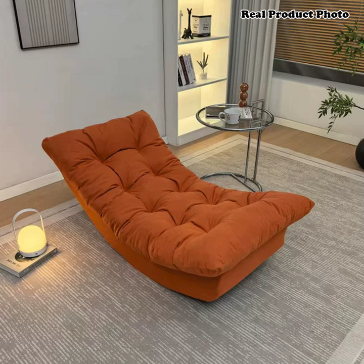 Moderner minimalistischer rechteckiger Schaukelstuhl aus Wildleder und Kiefernholz, bequemer Einzelsessel mit Rückenlehne &amp; Fußstütze für das Wohnzimmer 