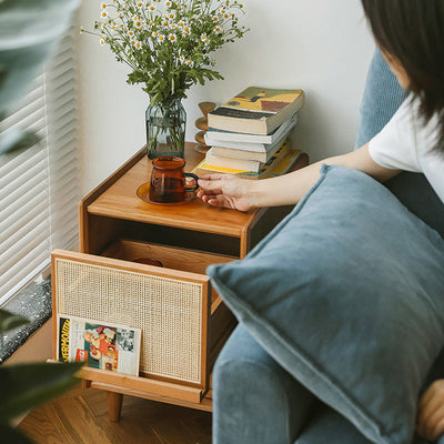 Table de chevet contemporaine rétro carrée en bois massif à 2 tiroirs pour chambre 