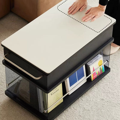 Moderner minimalistischer rechteckiger Holzplatten-Glas-Edelstahl-Beistelltisch mit 3-Staufächern, anhebbar für das Wohnzimmer 