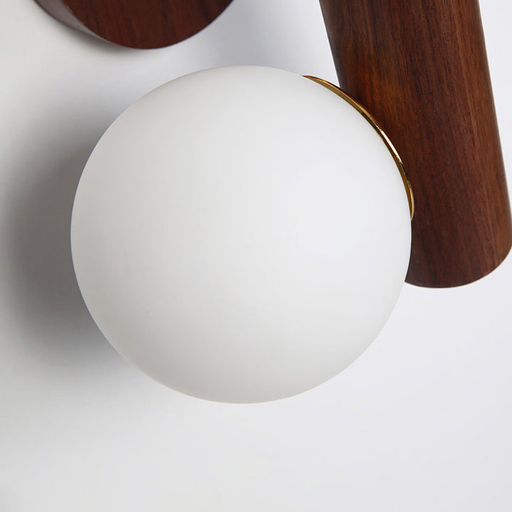 Traditional Japanese Metal Rubber Wood Walnut Glass Cylinder Strip Ball 2-Light Wall Sconce Lamp For Bedside