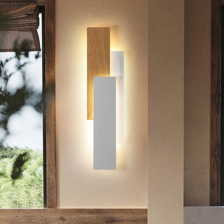 Applique murale LED rectangulaire en fer géométrique avec texture de grain de bois imitation simplicité contemporaine pour salon 