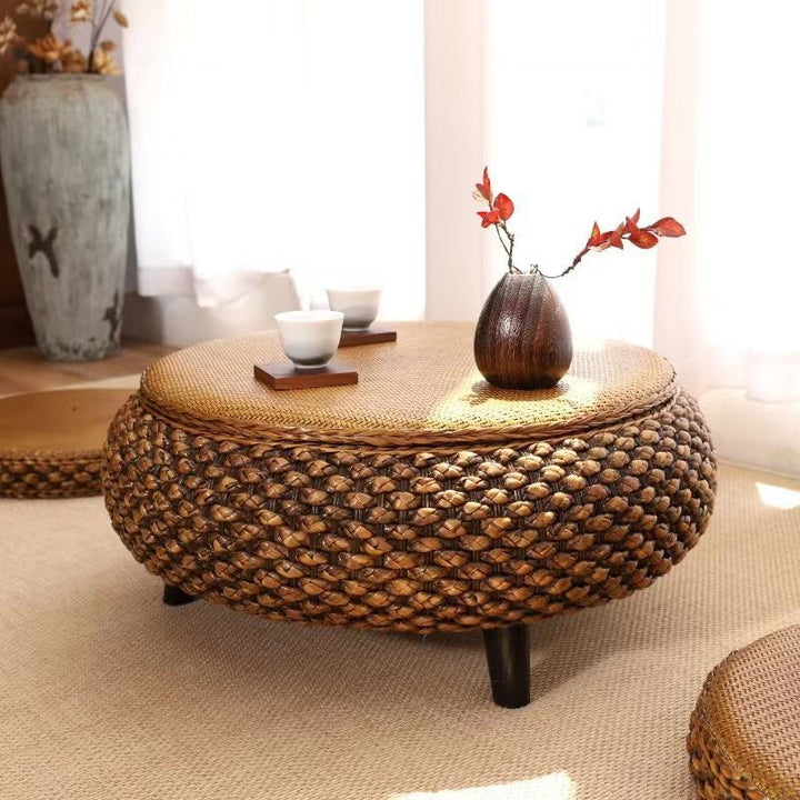 Traditional Japanese Oval Narcissus Rattan Poplar Wood Coffee Table Storage For Living Room