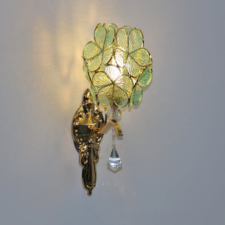 European Vintage Tiffany Flower Shaped Gold Frame Glass Metal 1-Light Wall Sconce Lamp