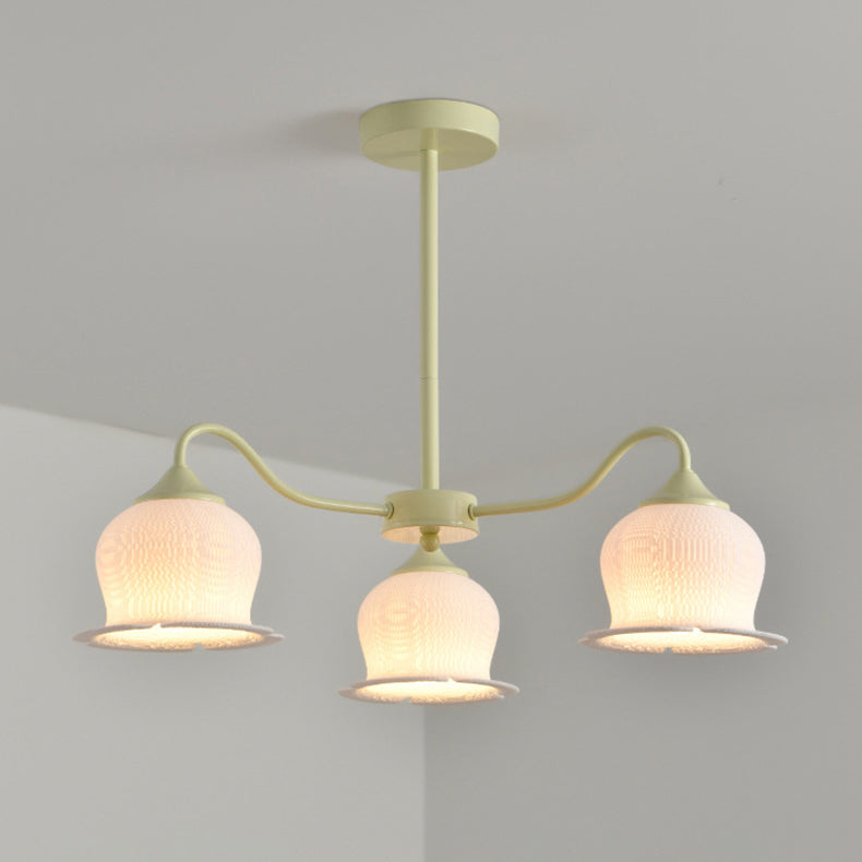 Moderner Art-Deco-Kronleuchter mit Eisenrahmen und PLA-Glocken-Orchideen-Blumenschirm, 3/5/6 Lichter, für Wohnzimmer 