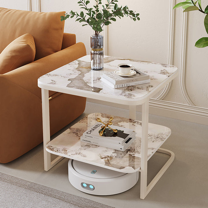 Modern Minimalist Square Sintered Stone Carbon Steel Side Table 2-Tier For Living Room